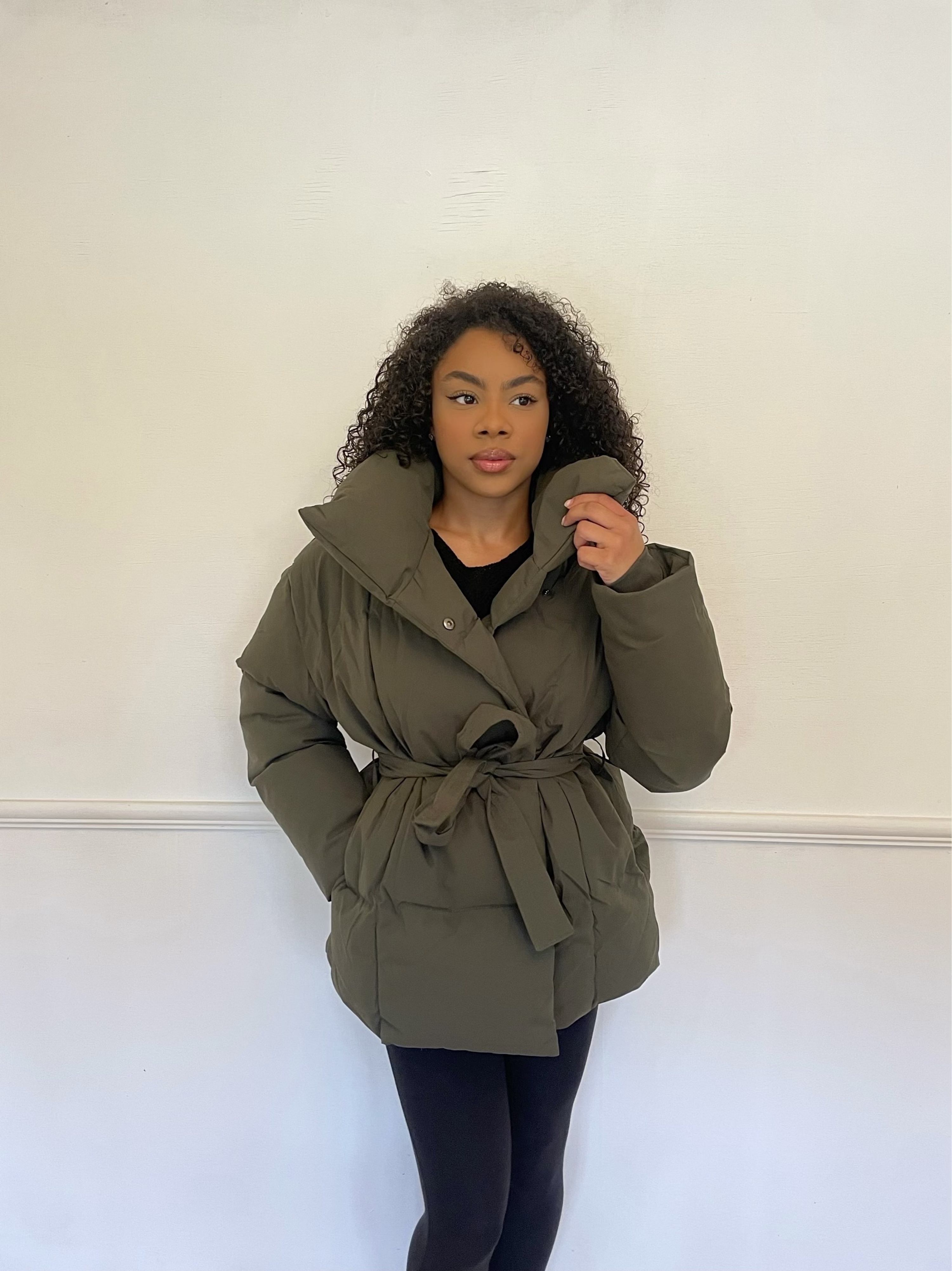 Khaki Short Padded Tie Waisted Puffer Jacket