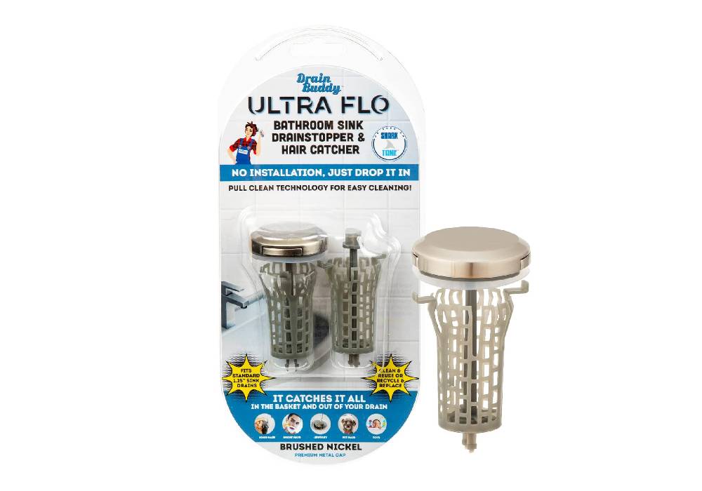 Drain Buddy Ultra Flo No Installation Clog Preventing Bathroom/ Kitchen Sink Stopper & Hair Catcher | Chrome Metal Cap W/ 1 Replacement Basket