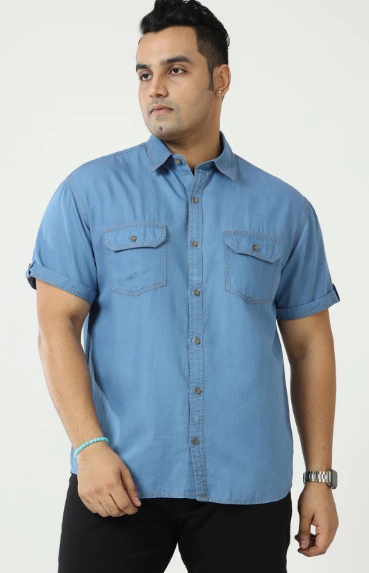 Blue Denim Double Pocket Half Sleeve Shirt Men's Plus Size