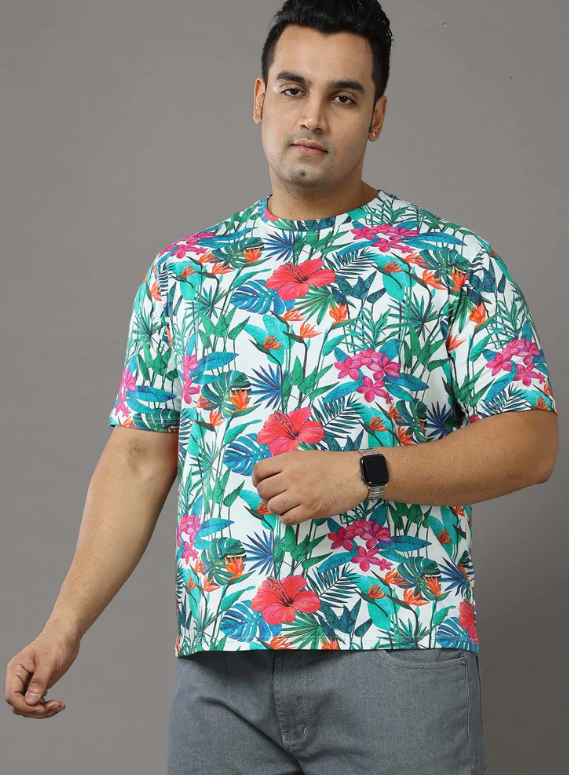 Best Floral Digital Printed Round Neck T-Shirt Men's Plus Size