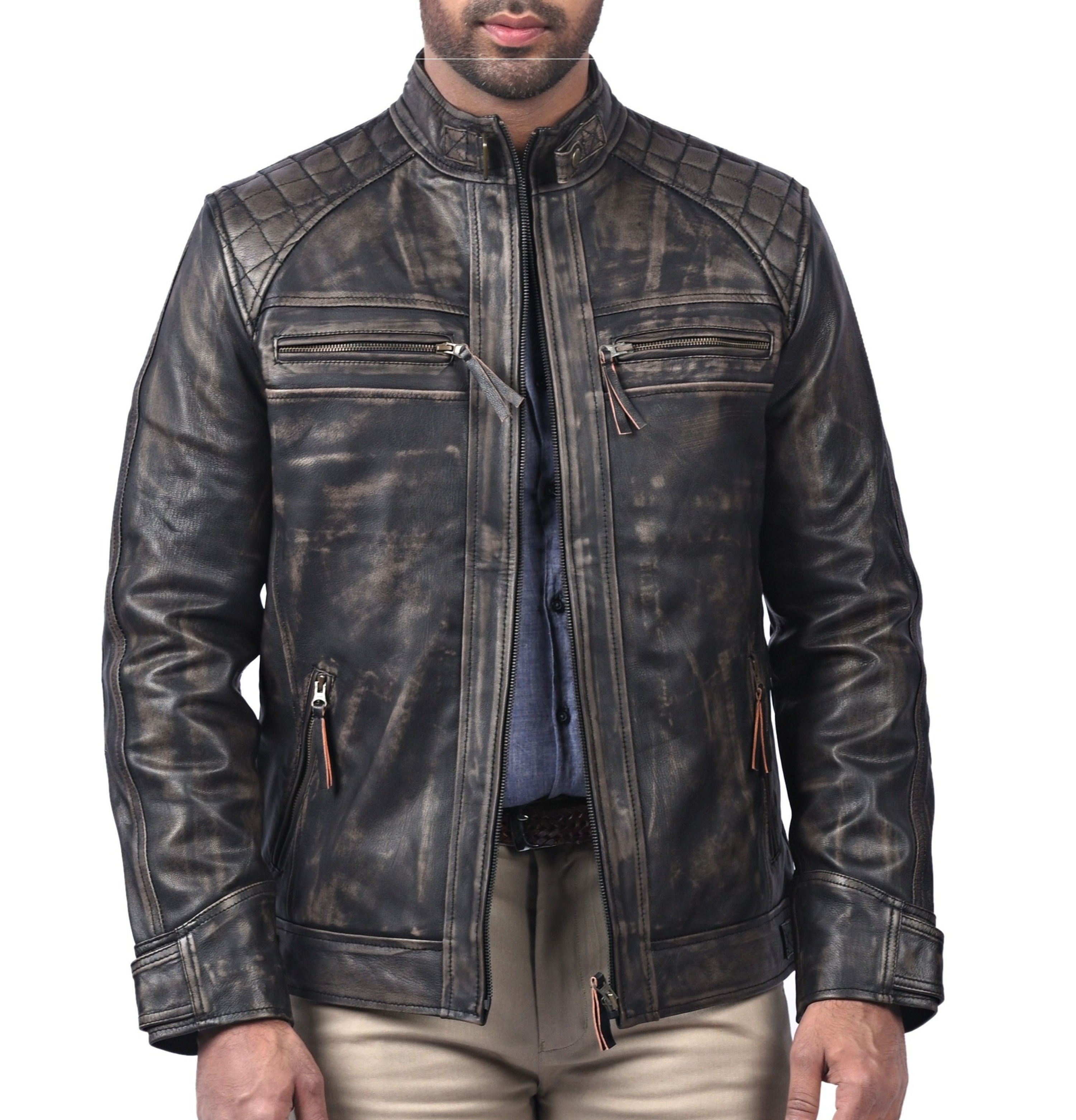 Omagh Men’s Black Distressed Biker Cafe Racer Jacket