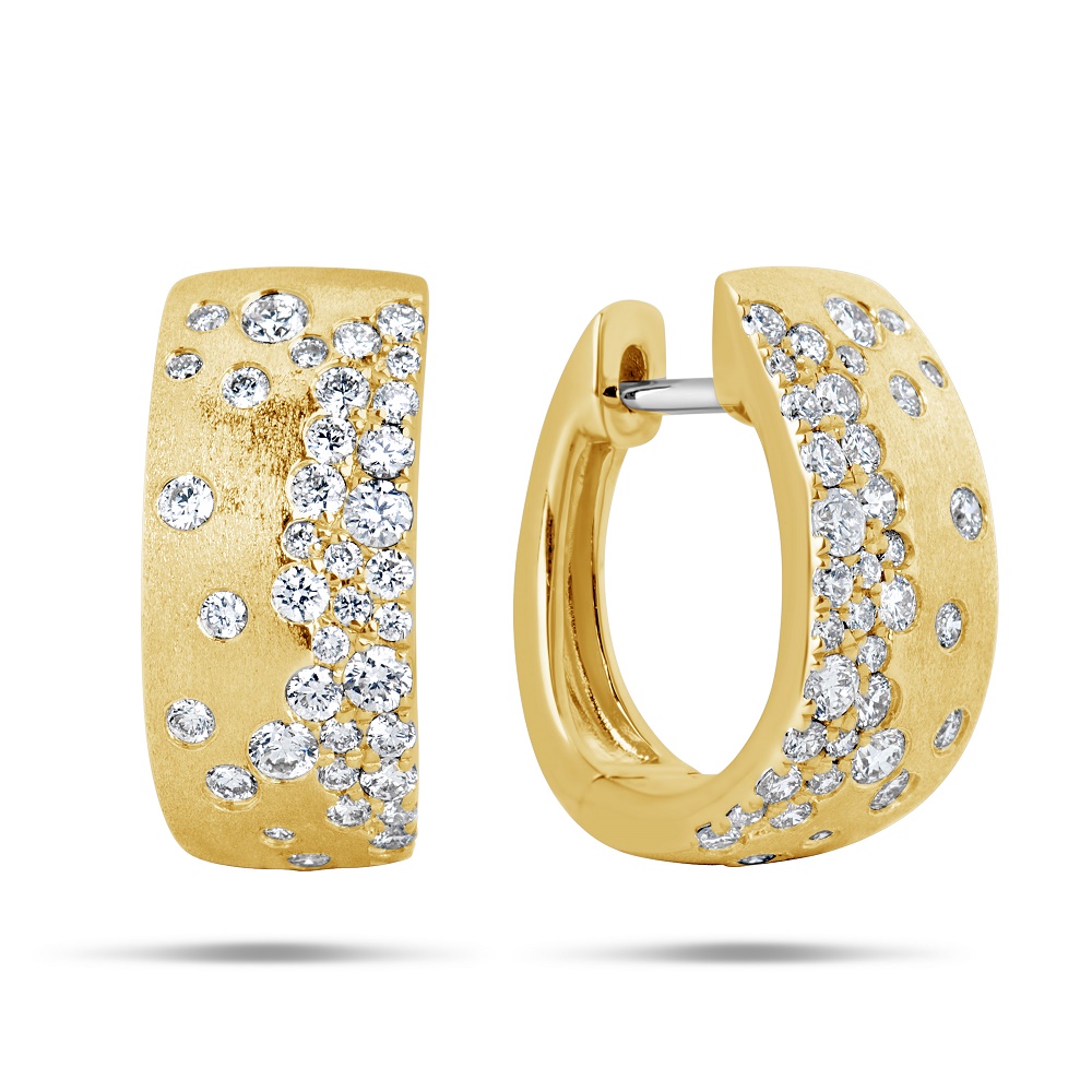 14K Yellow Gold Satin Wide Hoop Earrings with Confetti Diamonds