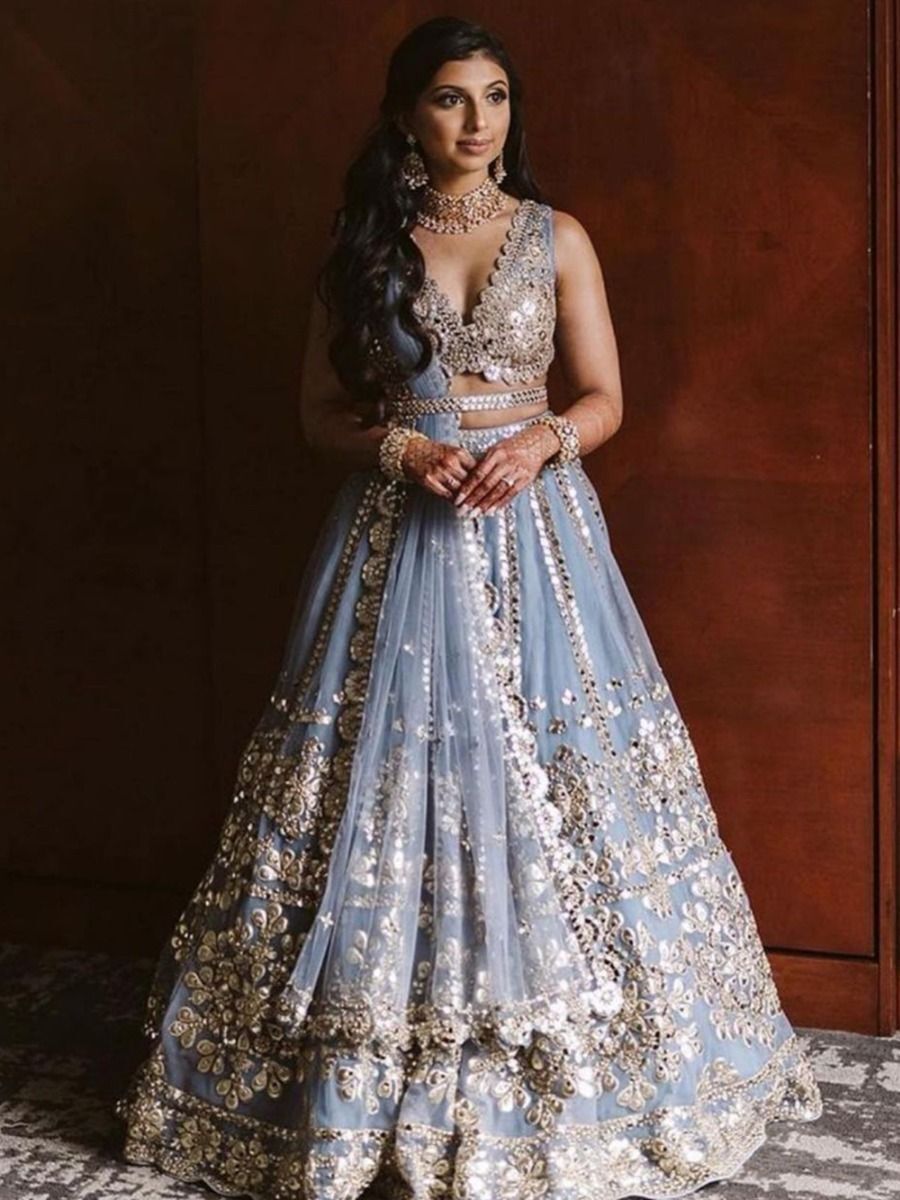 Grey Embroidered Net Wedding Wear Lehenga Choli With Dupatta