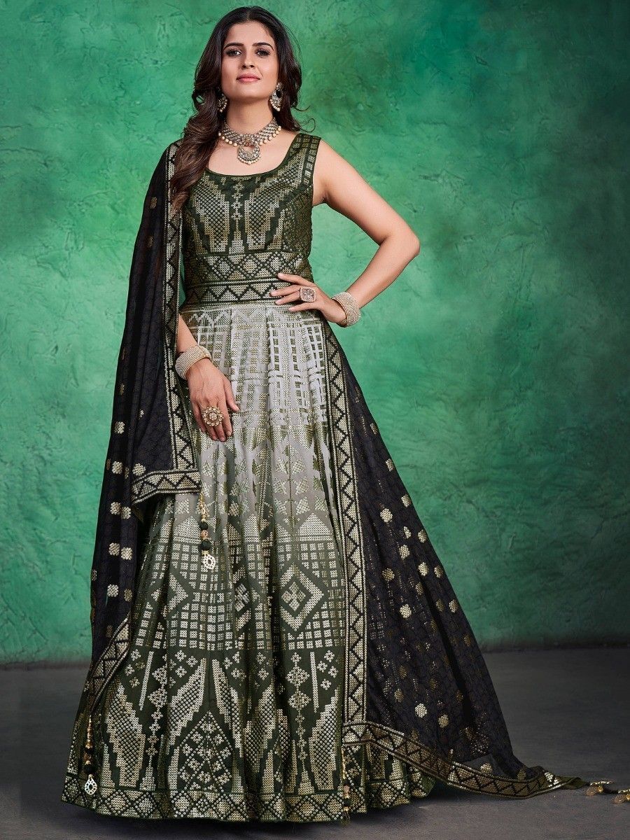 Green Sequins Georgette Readymade Festival Wear Gown