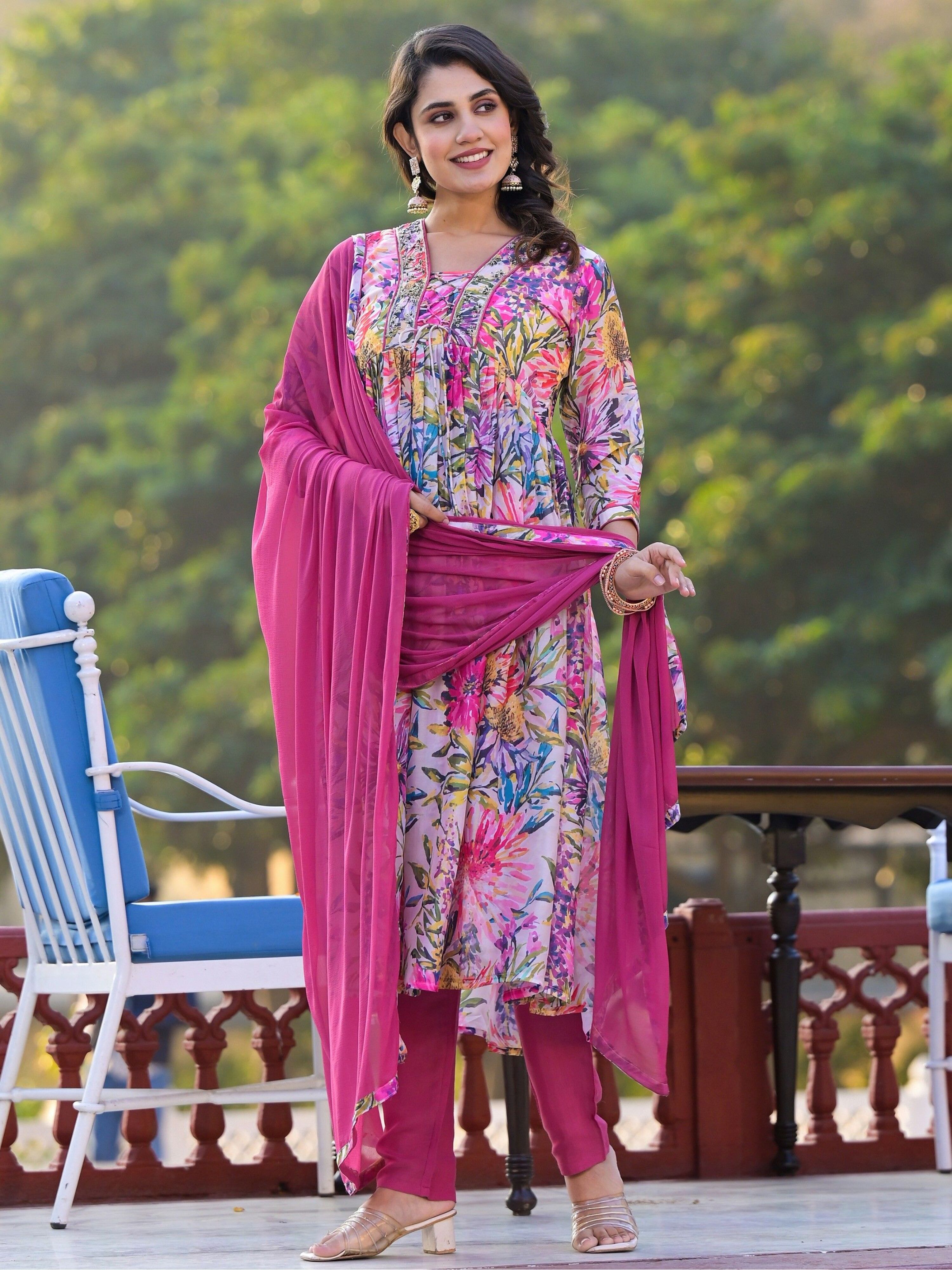 Pink Floral Printed Georgette Pant Suit With Dupatta