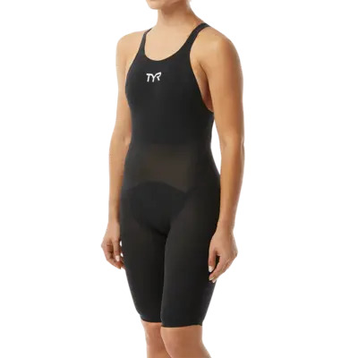 TYR Female Black Invictus Solid Open Back Knee Race Suit