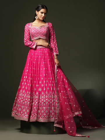 Magenta Thread Embroidery Work Chinnon Lehenga