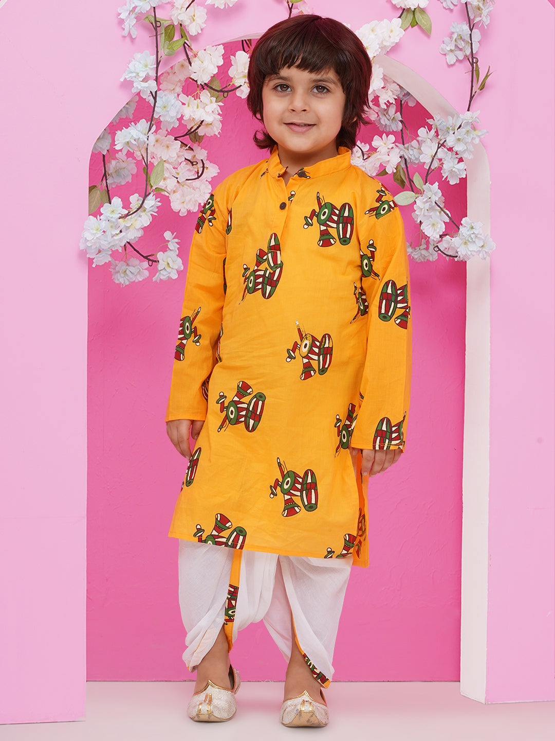 Kid Boys Dholak Print Cotton Kurta with Dhoti