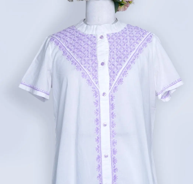 Lilac elegance Chikankari Ghas Patti cotton shirt with mandarin collar