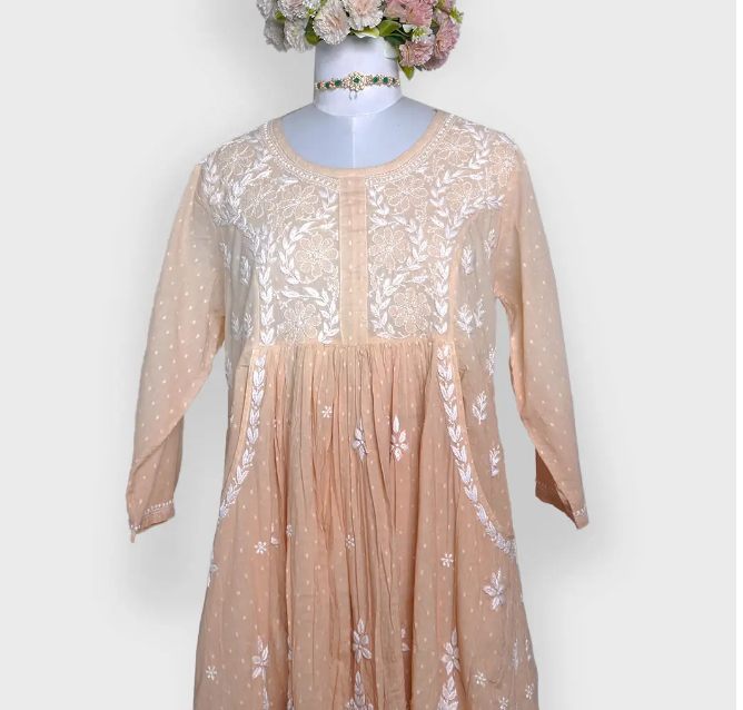 Cotton Ombre chikankari dress with Ghas Patti and Shadow Fanda work with pockets- Brown