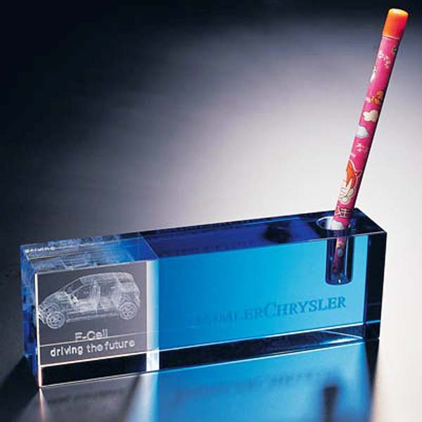 personalized 3d laser engraving blue glass crystal pen holder