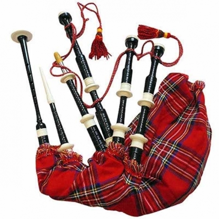 SCOTTISH BAGPIPE BLACK COLOR IMITATION IVORY MOUNTS ROYAL STEWART BAG FULL SIZE