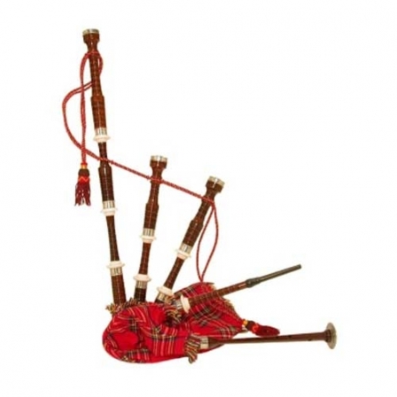 ROSE WOOD BAGPIPE, ROYAL STEWART BAG COVER WITH CORD, WITH TURNED PLAIN NICKEL SOLE AND KNOBS