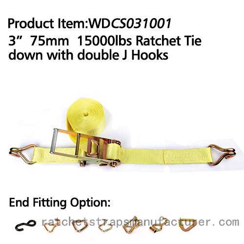 WDCS031001 3” 75mm 15000lbs Ratchet Tie down with double J Hooks