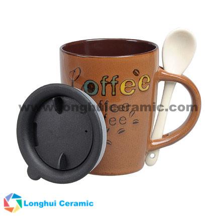 12oz handpainted promotional ceramic coffee cup with spoon and lid