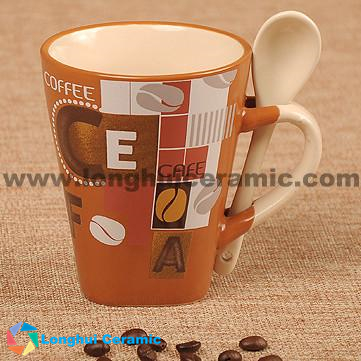 340cc cafebean design ceramic coffee mug with spoon