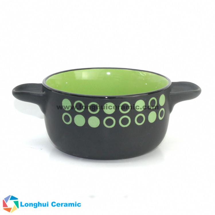 Two-tone color circle design ceramic soup bowl with two ears