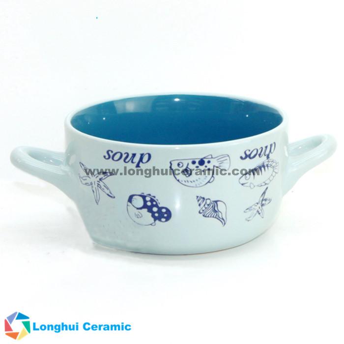 Two-tone cartoon design ceramic soup bowl with two ears