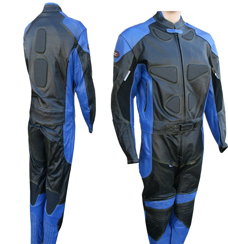 black and blue leather racing suit for rider