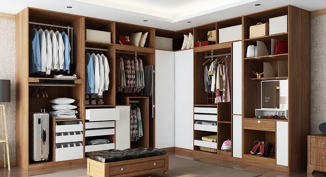 White and Wood Grain Corner Walk-in Closet YJ9971603