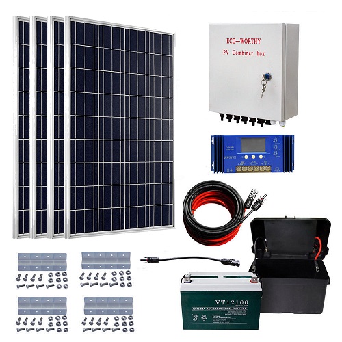 ECO-WORTHY 400W off Grid Solar Kit: 4pcs 100W Solar Panels & Combiner Box & 60A Solar Controller &100aH 12V battery RV