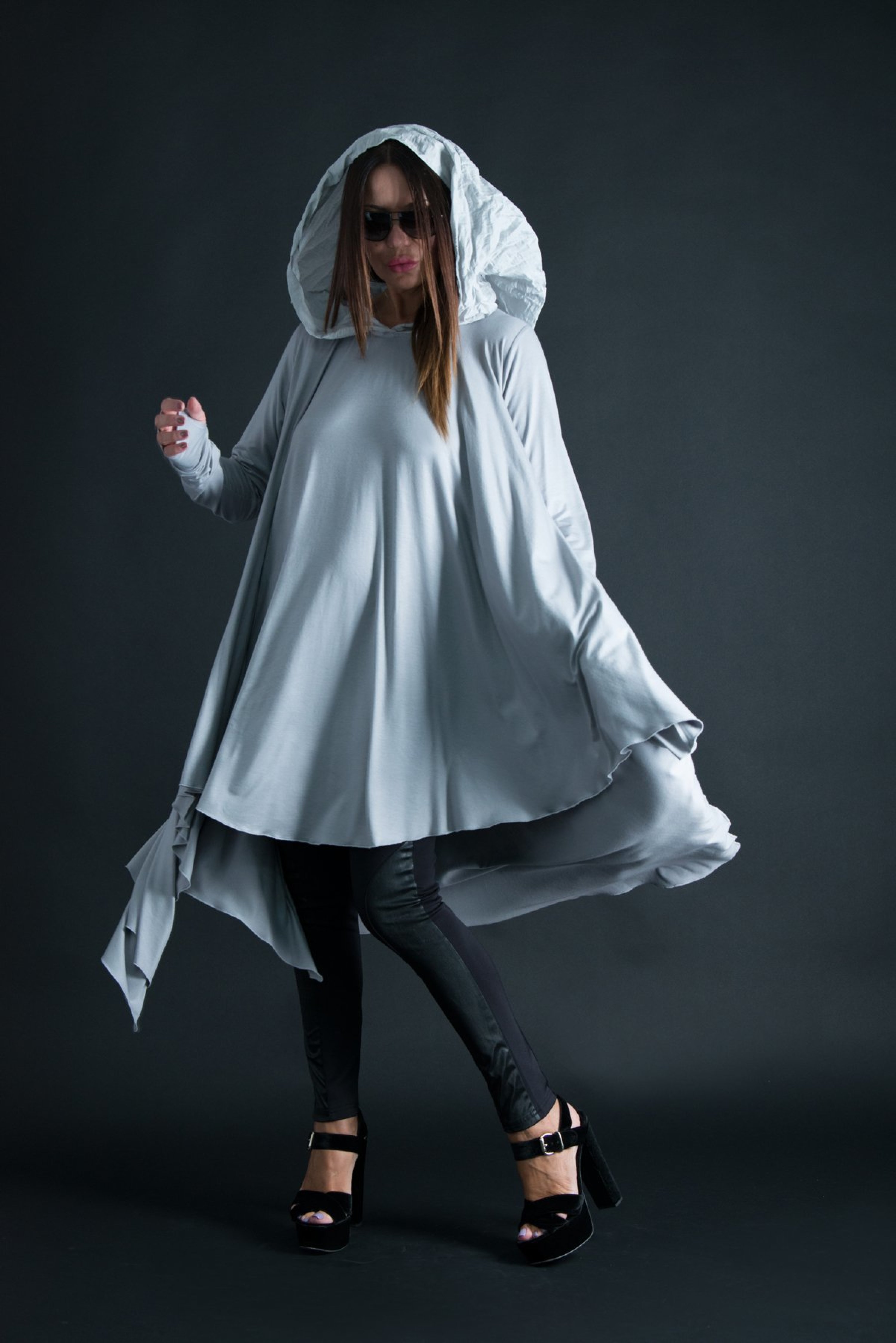 Hooded Light Grey Tunic, Long Sleeve Plus size Summer Top - TU0607TR