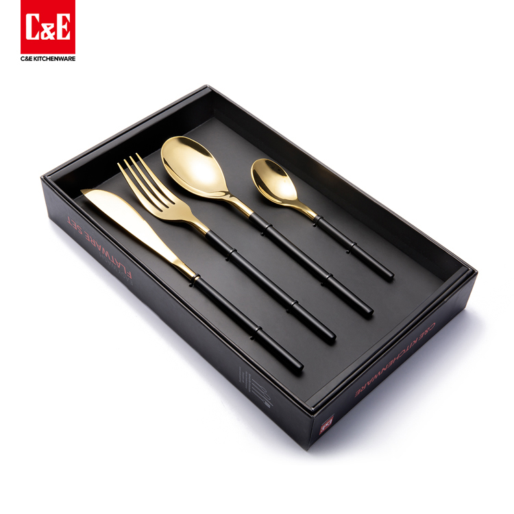 4 Piece Matte Black Handle and Gold Stainless Steel Flatware Set