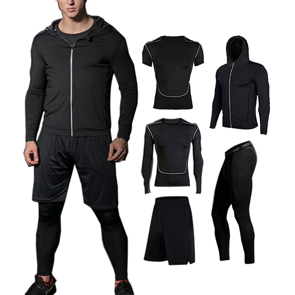 BUYJYA 5Pcs Men's Compression Pants Shirt Top Long Sleeve Jacket Set Suit