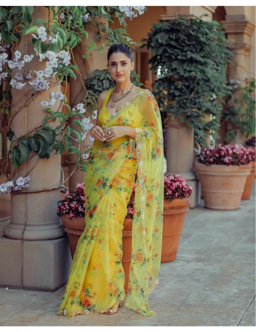 Lemon Yellow Color Designer Organza Silk Saree With Blouse