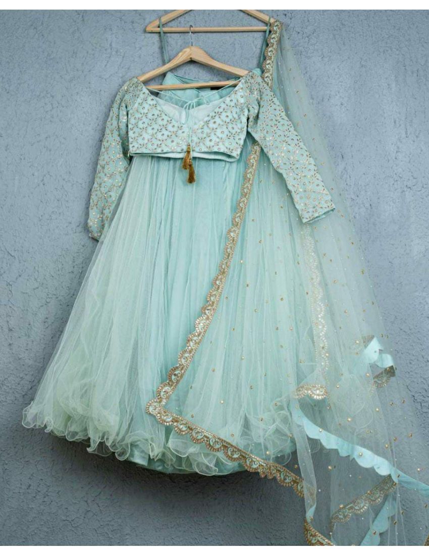 Sky Blue Color Soft Net Party Wear Lehenga Choli With Designer Blouse