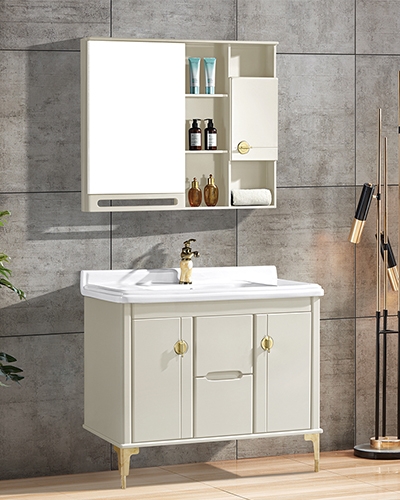 PVC modern cream color large bathroom cabinet