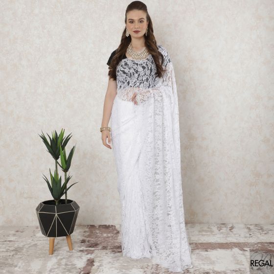 White Premium French chantilly lace saree in floral design-D11473