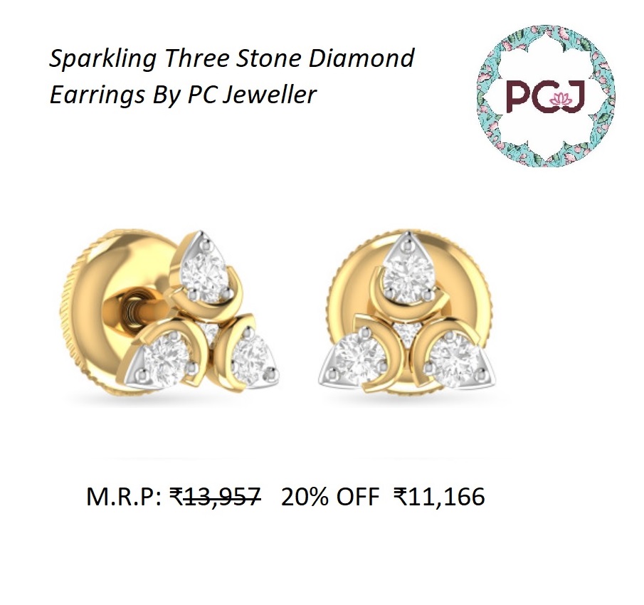 Sparkling Three Stone Diamond Earrings By PC Jeweller